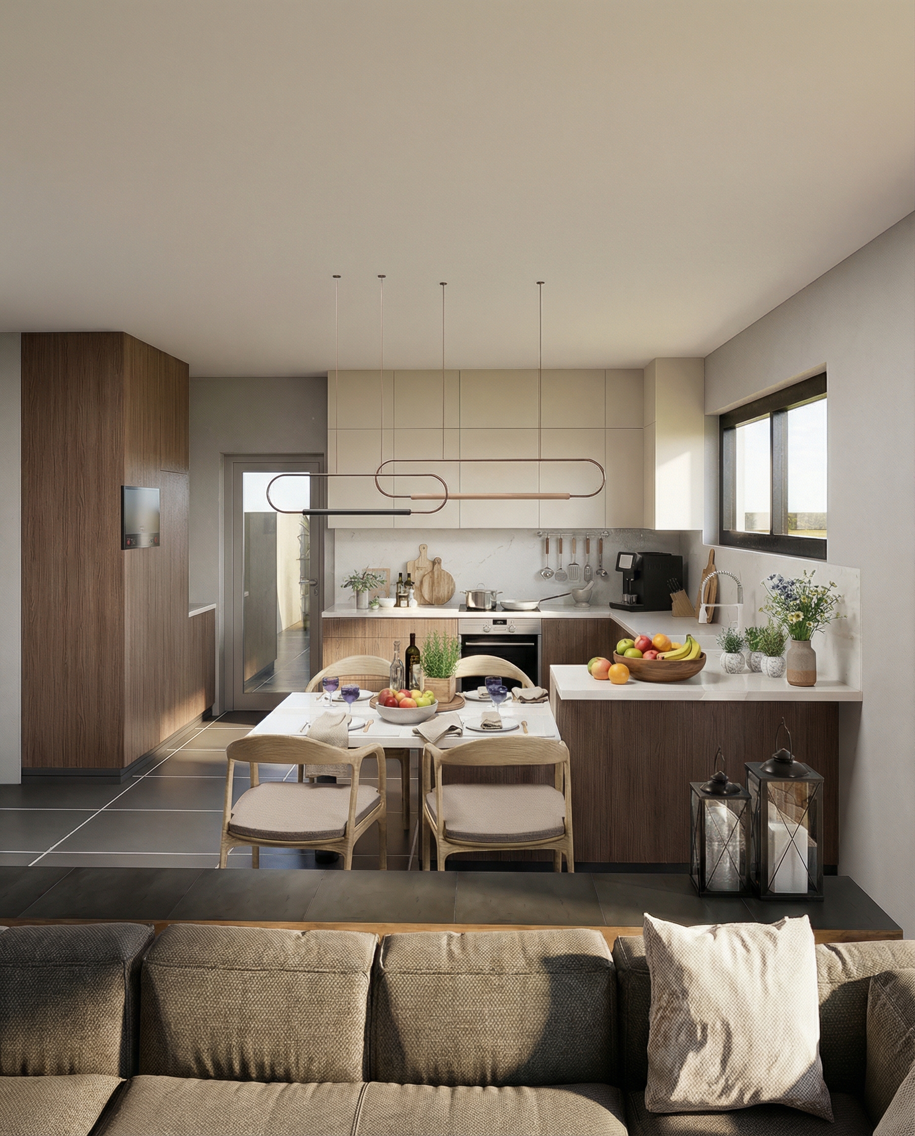 3D visualisation of an open-plan kitchen and living space