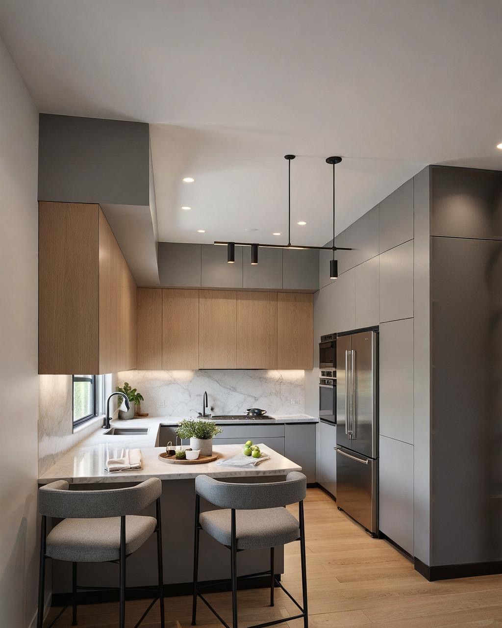 3D kitchen design showing cabinetry, lighting and material finishes